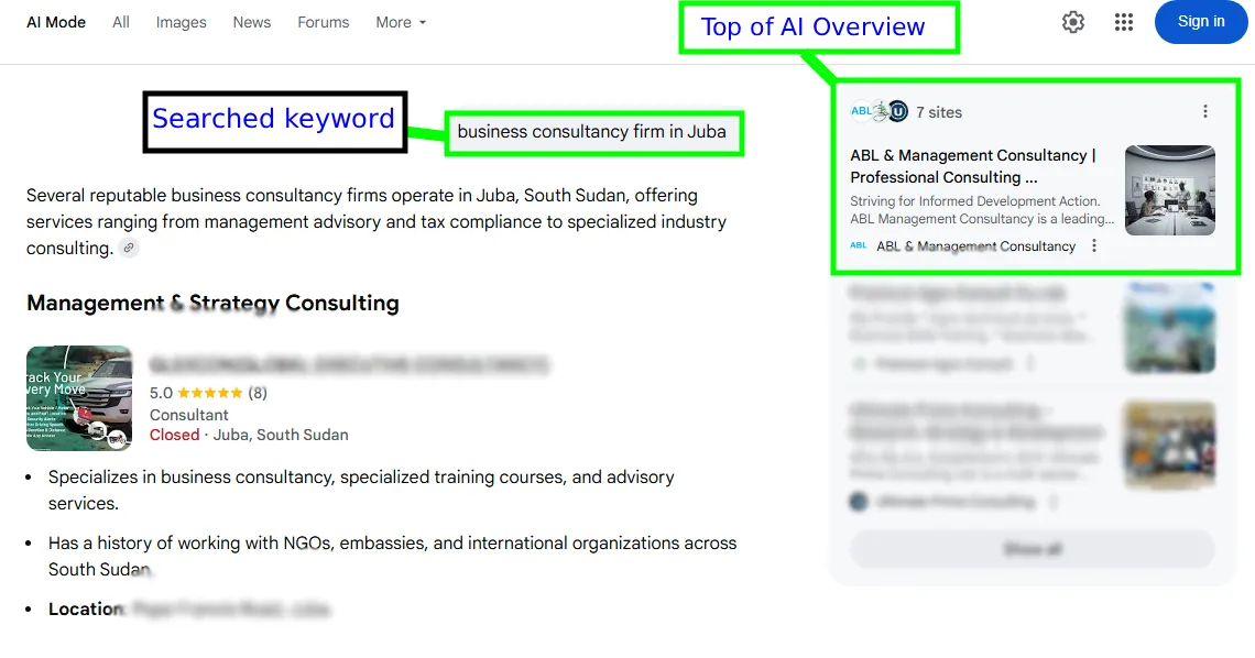 ABL & Management Consultancy appearing in Google's AI Overview for 'business consultancy firm in Juba'