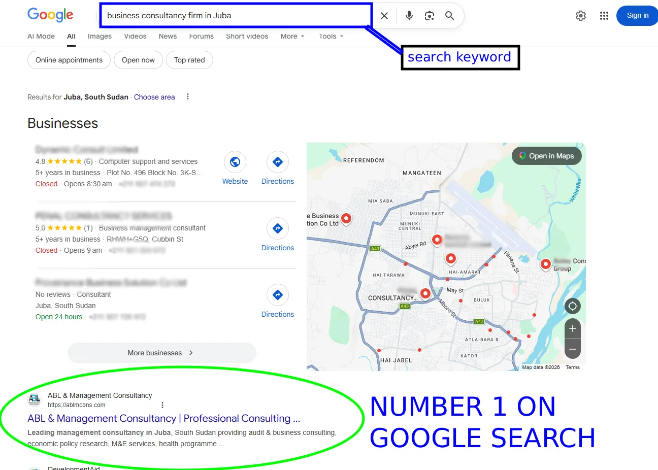 ABL & Management Consultancy ranking number one on Google for 'business consultancy firm in Juba'
