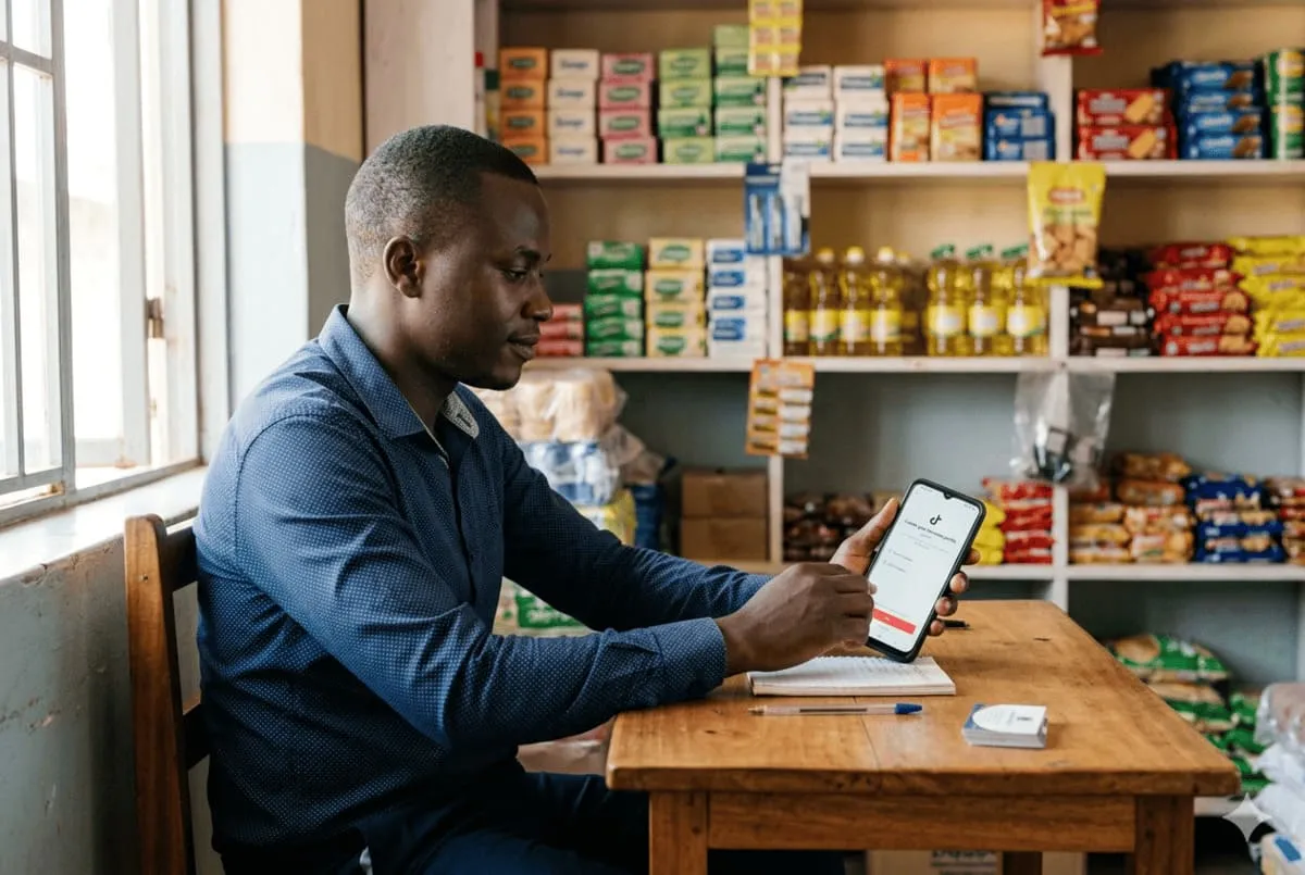 Business owner in Kampala setting up a TikTok Business Account on an Android smartphone
