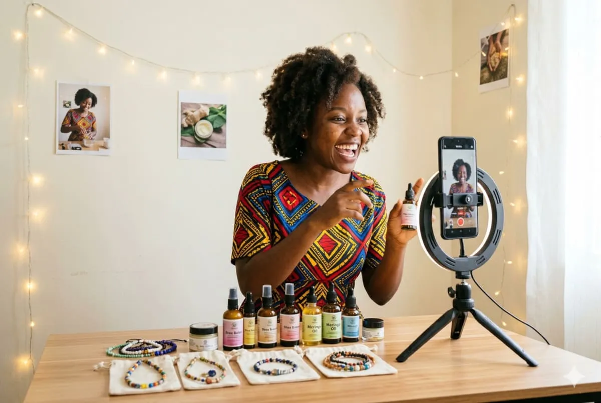 A young Ugandan entrepreneur films a short product video for TikTok using a smartphone and a ring light