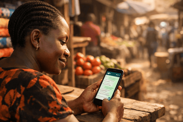 Ugandan woman at a market stall checking WhatsApp Business on her phone